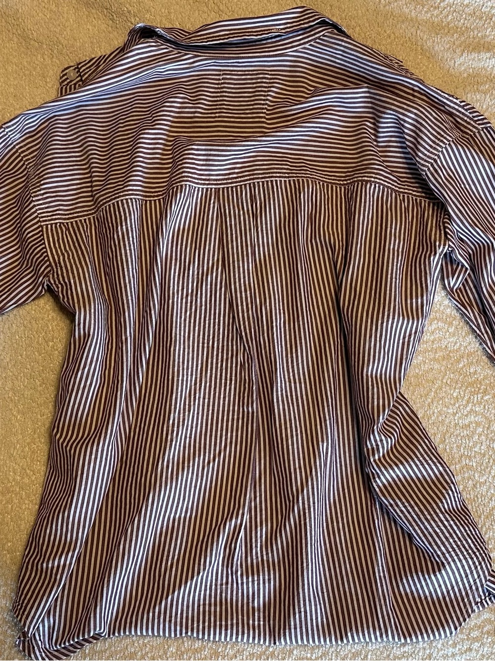SO Women’s Vertical Stripe Button-Down Shirt in Brown and White